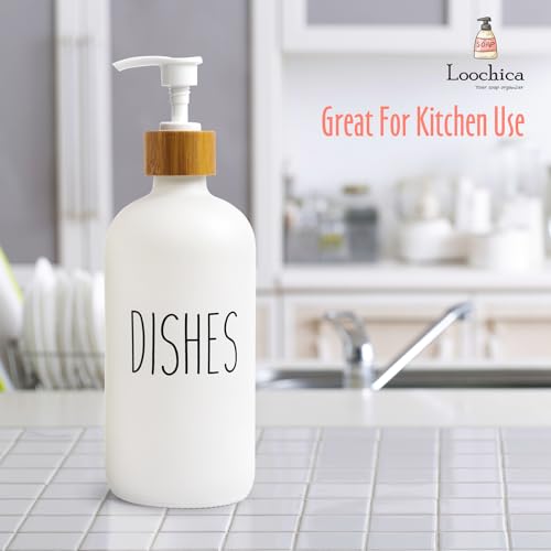 Image of LOOCHICA Dish White Glass Soap Dispenser with Plastic Pump, 16 Oz White Dish Soap Dispenser Set Refillable Reusable Apothecary Soap Pump Dispenser Bottles for Bathroom and Kitchen