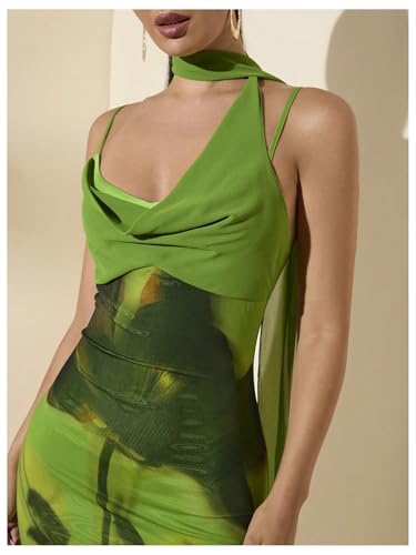 Verdusa Women's Floral Print Bodycon Fishtail Long Dress Sleeveless Draped Neck Halter Dress with Scarf3