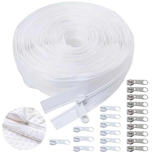 HavaCue 10 M Cremalleras por Metro, Nylon con 20 Metal Carro, para Ropa de Cama y Bolsos Blancos