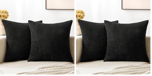 Image of MIULEE Black Decorative Throw Pillow Covers 18x18 Inch for Couch Bed Sofa Pack of 4 Boho Farmhouse Throw Pillows Soft Cross Corduroy Patchwork Textured Cushion Cases