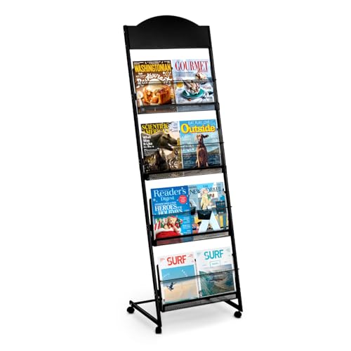 SUNDOY Magazine Rack | Floor Standing Literature Display Stand with 4 Pockets | Sleek Black Design for Home, Exhibition & Office Use (With 4 Wheels)