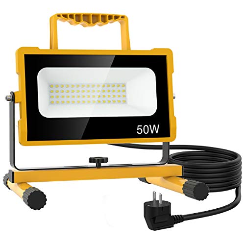 Preisvergleich Produktbild Olafus LED Baustrahler 50W, Arbeitsleuchte 5000LM 6000K IP65 Wasserdicht Bauscheinwerfer, Baulampe mit 2 Getriebeschalter und 2M Netzkabel für Garten, Garage, Sportplatz, Werkstätten