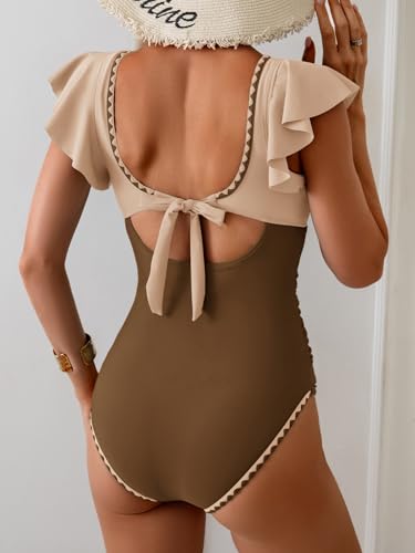 Image of Aidonger Women's One Piece Ruffle Swimsuit Tummy Control Bathing Suit V Neck Shell Stitched Swim Suit Slimming Swimwear