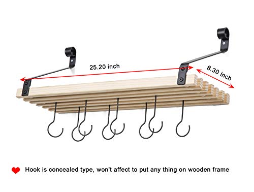 Soduku Pot Pan Rack with Solid Wood Shelf, Wall Mounted Multifunctional Kitchen Hanging Organizer with 8 Hooks for Pots Pans Lids Utensils Cookware Natural