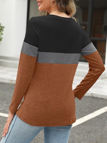 TICTICMISS Women's Long Sleeve Color Block V-Neck Tunic Blouse
