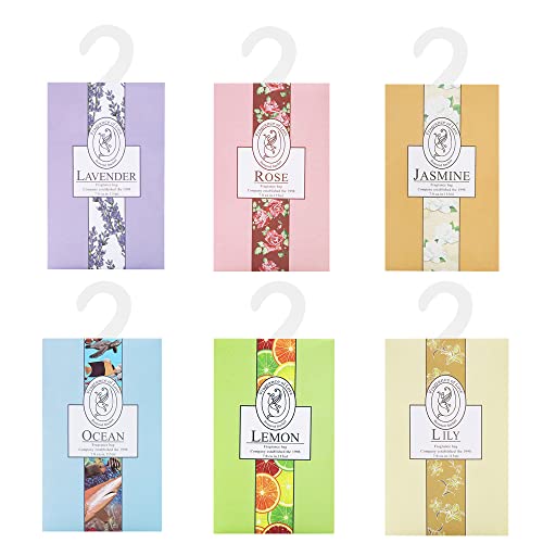 6 Sachets with Hanging Sachets Aromatherapy Fragrance Sachet Bags Wardrobe Fresheners for Drawer Wardrobe Room (Jasmine, Rose, Lavender, Lily, Ocean, Lemon)