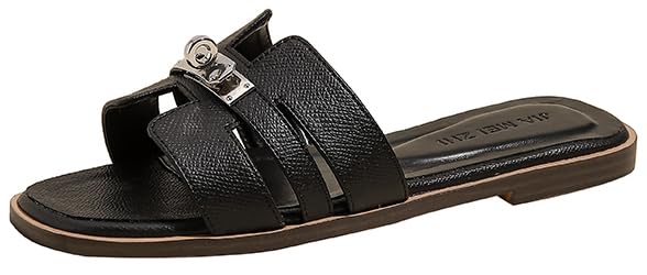 Women's Flat Sandals Casual Slip On H-Band Slippers for Women Square Open Toe Leather Dressy Summer Beach Vacations Slides Sandals