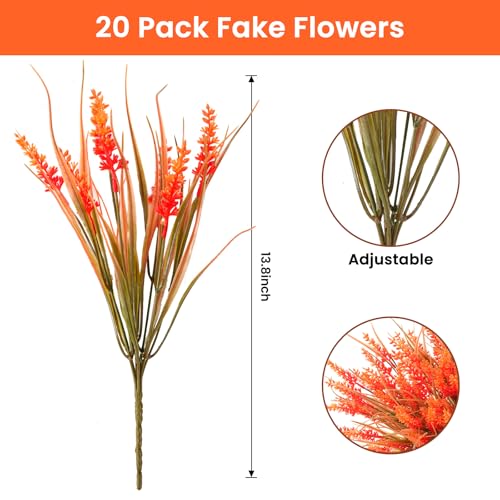 20 Bundles Artificial Plants Outdoor, UV Resistant Fake Flowers, Realistic Faux Lavender Shrubs for Porch Garden Window Box Home Decoration (Fall Orange)
