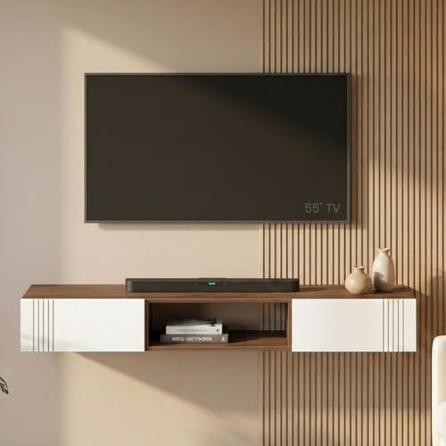 Image of Evara Engineering Wood Wall Mount TV Entertainment Unit Set Top Box Stand /TV Panel Cabinet Panel with Shelves for Books & Decor Display Unit, Handleless, 60 Inches (Classic Brown & White)