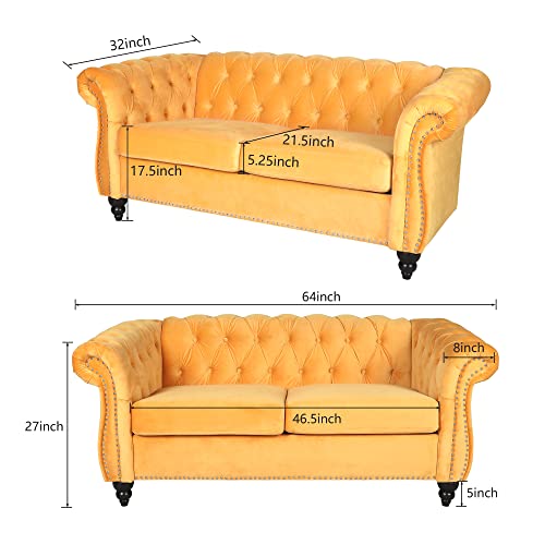 Image of ORRD 2 Piece Living Room Set, Velvet Chesterfield Sofa Loveseat Couch with Scroll Arms and Nailhead for Living Room, Office (Mango)