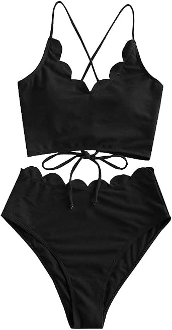 ZAFUL Womens Scalloped Trim High Leg Tankini Plain High Waisted Swimsuit Two Piece Crisscross Swimsuit Black 2XL