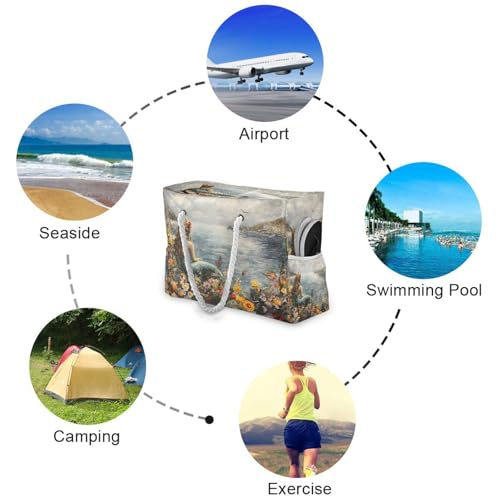 Mermaid and Flowers Beach Bag & Travel Tote Bag Large Sandproof with Zipper Closure, Wet Pouch for Swim Gym Travel, Lightweight Foldable Outdoor Bag4