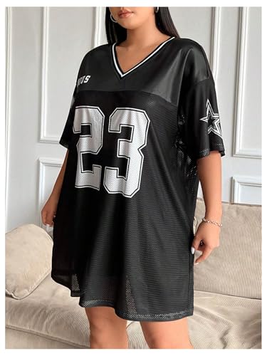 Verdusa Women's Plus Size Jersey Letter Print Sheer Tunic Dress Half Sleeve V Neck Short Tshirt Dress3