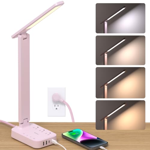 Image of Addtam LED Desk Lamp, Power Strip with 3 Outlets 4 USB Charging Ports(2 USBC), 4 Modes 5 Level Brightness Touch Lamp, Small Desk Lamp for Home Office College Dorm Room Essentials, Pink