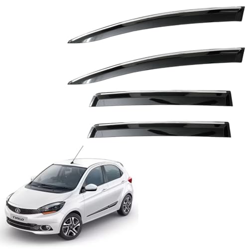 Image of CAR SAAZ Unbreakable Chrome Smoke Door Visor for Tiago (2016-2020)| Premium Sun, Rain Wind Deflector Chrome Strip Side Door Rain Visor - Set of 4 Pcs