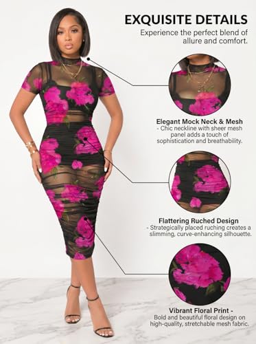 Image of Mojessy Sheer Dress for Women Sexy Short Sleeve Ruched Mesh Bodycon Dress Adjustable Strap Top Mini Skirt 3 Piece Outfits Set
