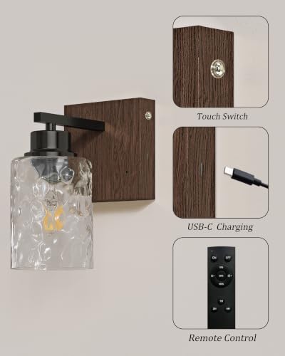 Image of Hammered Glass Battery Operated Wall Sconces Set of Two Black & Walnut
