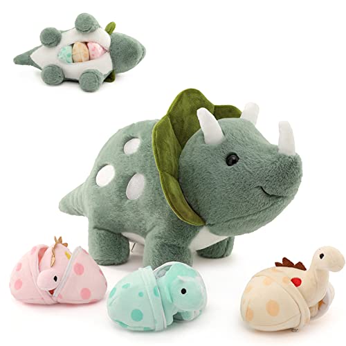 Image of Karister Plush Dinosaur Stuffed Animals,Plush Toy for Girls and Boys,A Mommy Dinosaur with 3 Baby Dinosaurs,Triceratops, Stegosaurus and Diplodocus Gifts for Kids,Small Dino Plushies,17.6 Inch,Green