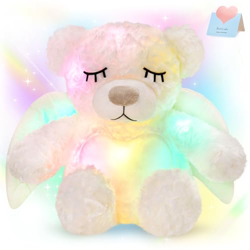 Athoinsu Light up Angel Teddy Bear Stuffed Animal LED Night Light Glowing Plush Toy Mother's Day Birthday for Toddler Kids, 16'', White