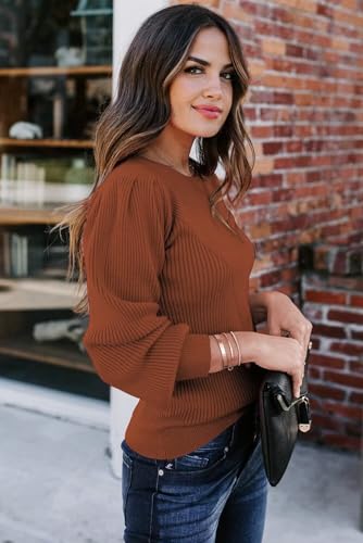 Dokotoo Womens Ribbed Knit Long Lantern Sleeves Sweater Crewneck Casual Slim Fit Pullover Jumper Tops3