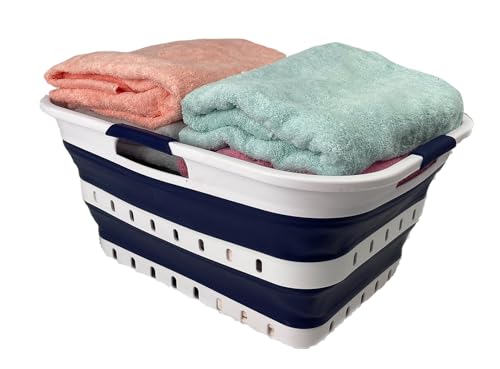 Image of SAMMART 42L (11 gallon) Collapsible Plastic Laundry Basket - Foldable Pop Up Storage Container /Organizer - Space Saving Hamper /Basket (1, White /Starry Blue)