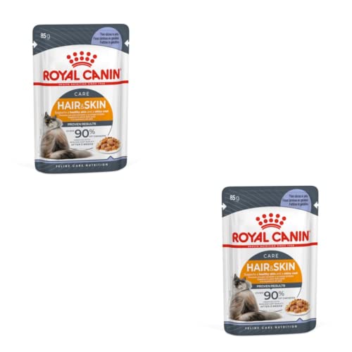 Royal Canin Hair & Skin Care Jelly | Doppelpack | 2 x 12 x 85 g | Alleinfuttermittel für Erwachsene Katzen | Stückchen in Gelee | Zur Unterstützung von Haut und Fell | Mit Omega-3