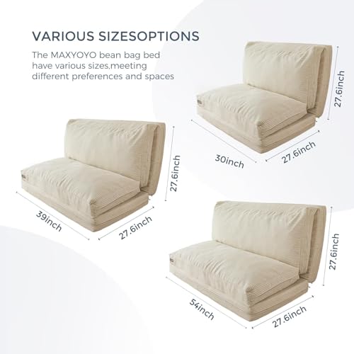Image of MAXYOYO Folding Sofa Bed, Floor Sofa Convertible Chair with Washable Cover, Floor Couch Lounge Bean Bag Chair Bed for Living Room, Beige, 39x91 Inch