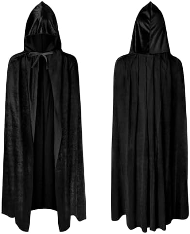AOOWU Schwarzer Umhang, Mittelalter Umhang Kapuzenumhang, Junge,Mädchen Halloween Umhang mit Kapuze, Umhang kostüm Cape Satin, Umhang Kostüm Mantel für Halloween Weihnachten Karnev