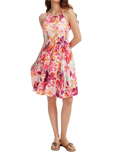 Image of JOYSHAPER Built in Bra Summer Dress Casual Beach Sundress Flowy Halter Dress with Pockets