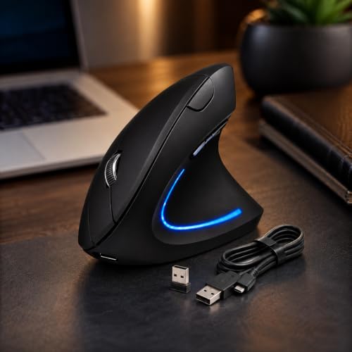 Mouse Vertical Ergonômico Sem Fio Recarregável RGB DPI Ajustável USB 2.4G