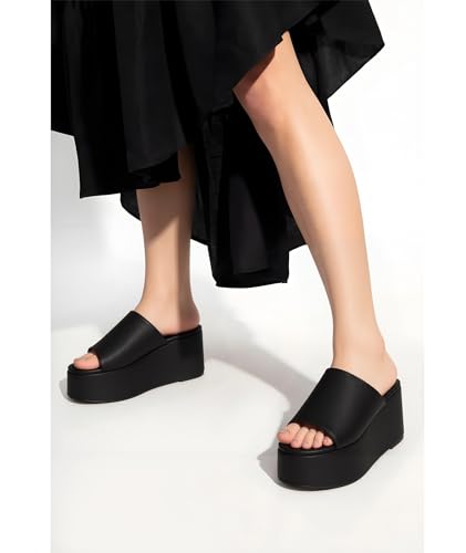 Platform Sandals Slides for Women Black Chunky Platform Wedge Comfortable Open Toe Slip on Flatform Sandals Casual3