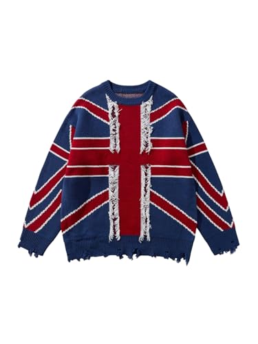 Men's Graphic Sweater Y2k Distressed Long Sleeve Crew Neck Baggy Pullover Tops Fall Outfits