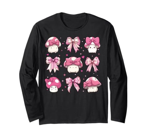 Mushroom Cute Cottagecore Aesthetic Girl Coquette Bow Pink Long Sleeve T-Shirt