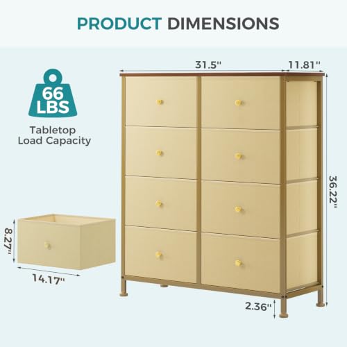 Image of OLIXIS 8 Drawer Storage Dresser for Bedroom, Closet Organizers Units, Khaki | Fabric Dresser with Wooden Top, Chest of Drawers Clothes Storage, Tower Cabinet, TV Stand Furniture