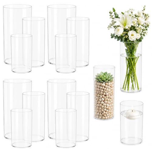 12-Pack Clear Plastic Cylinder Vases for Centerpieces 3 Sizes