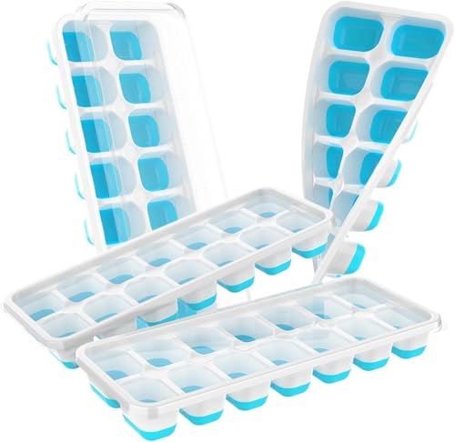 Image of ChefAide Ice Cube Tray with Lid, 4 Packs 56 Cubes Durable Stackable Ice Cube Trays for Freezer with Removable Lids, Easy-Release Plastic & Silicone Ice Tray for Cocktail, Coffee