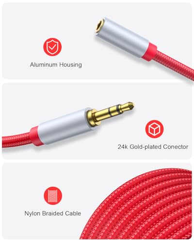 Image of 3.5mm Extension Cable 6.6ft - Headphone Extension Cable Nylon Braided Aux Cord Extender for Smartphones, Tablets, Media Players (No Mic Support) -Red