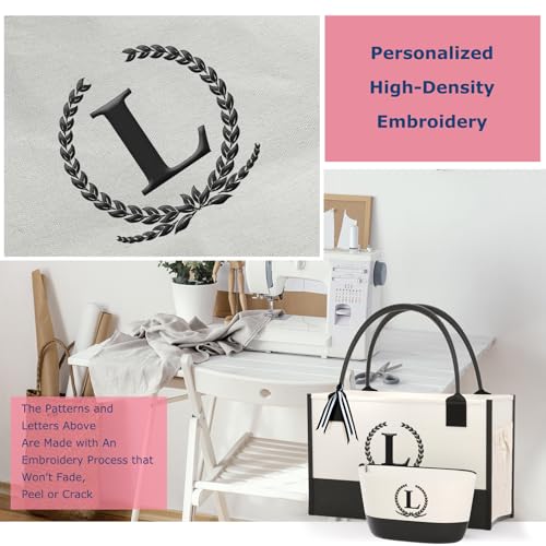 Monogrammed Canvas Tote Bag with Zipper Pockets - Ideal Gift for Mom, Teacher, Sister4