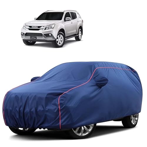 Image of Sulfar 100% Water Resistant Car Body Cover Compatible with Mirror for Isuzu MU X (Triple Stitched, Full Bottom Elastic, Blue Tafetta with Red Piping)