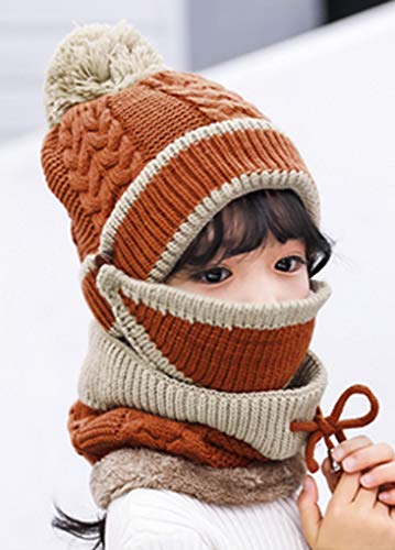 3 in 1 Winter Knitted Beanie Hat Mouth Neck Warmer Set for Girls Boys Kids, Warm Fleece Lined Ski Caps with Pompom4
