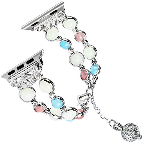 TOMAZON Compatible Apple Watch Band Series 4/3/2/1 38mm 40mm, Unique Handmade Luminous Pearl Adjustable iWatch Bracelet Metal Link Wristband with Perfume Storage Pendant for Women Girl - White