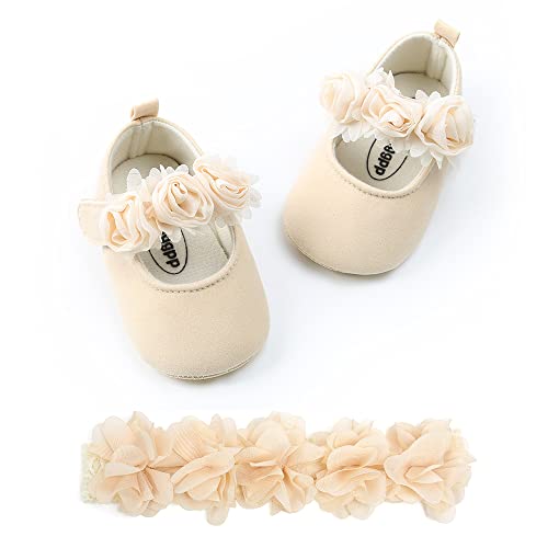 Enercake Baby Girl Shoes Soft Sole Floral Newborn Infant Mary Jane Flats Princess Wedding Dress Shoes(12-18 Months Toddlerr, F-Beige Headband) #TOP4