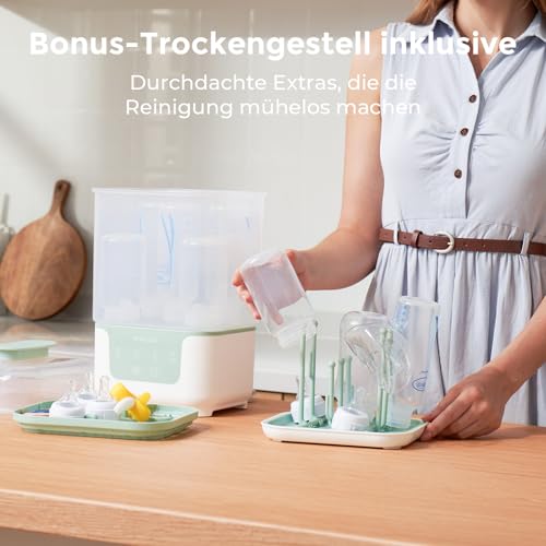 Momcozy Elektrischer Dampfsterilisator & Trockner für Babyflaschen – Platzsparend, 6 Flaschen Kapazität, 4-in-1 Kompaktgerät für Babyflaschen, Milchpumpen-Zubehör, inklusive Trocknungsgestell