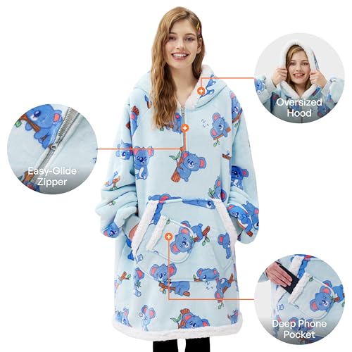 Image of Giggling Getup Wearable Blanket Hoodie for Adults Gifts for Teen Girls Sister Women Sherpa Fleece Printed Hooded Blanket Sweatshirt Warm Cozy with Pocket & Sleeves Sky Blue Koala