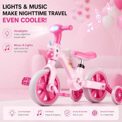 Image of 3-in-1 Kids Tricycle with Music & LED Light | Convertible Tricycle to Balance Bike | Ride-On Cycle for Kids10 Months to 3 Years (Pink)