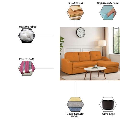 Image of Casaliving Ravonna RHS 4 Seater L Shape Corner Sofa Cum Bed for Living Room (Orange Fabric) Premium Fabric Sofa