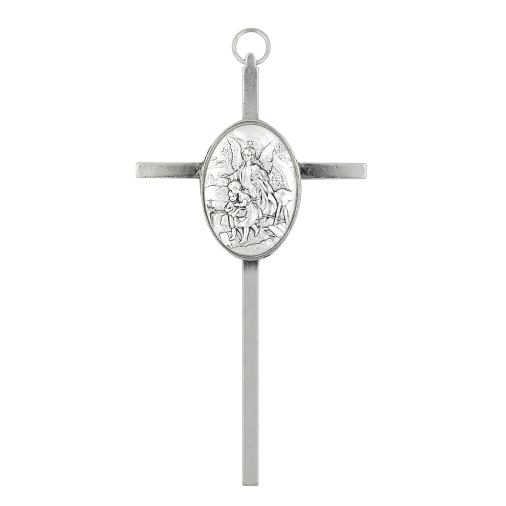 Small Metallic Wall Cross | 4.5" Tall | Great Catholic Gift for Baptism, First Holy Communion, and Confirmation | Christian Home Décor | Made in Italy (Silver-Tone Guardian Angel)