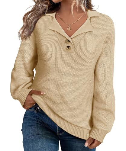 Image of CARCOS Plus Size Sweaters for Women Long Sleeve Pullover Sweaters Lapel Collared Vneck Knit Jumper Tops Fall Winter XL-5XL
