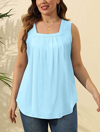Image of Saloogoe Summer Tank Tops for Women Loose Fit Pleated Square Neck Sleeveless Tops Curved Hem Flowy