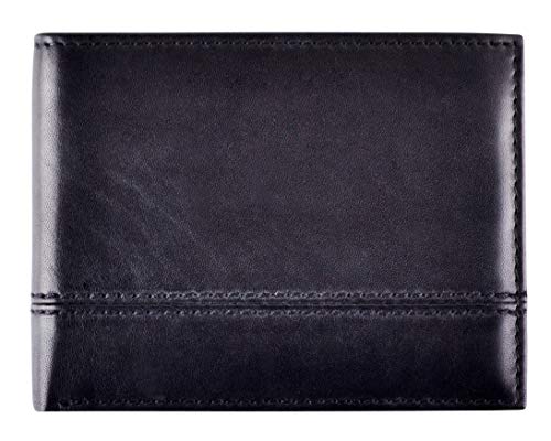 Black genuine leather wallet with removable flip up 2 ID windows, bifold - premium mens RFID blocking full grain leather wallets for men